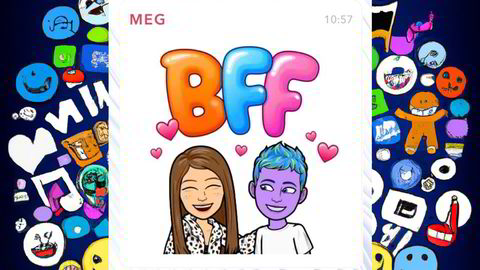 Snapchat sitt portrett av meg og min nye lilla bestevenn. Bakgrunnen er laget med bildegeneratoren DALL-E, altså ved hjelp av kunstig intelligens.
