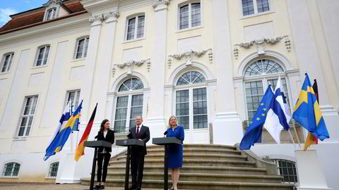 Den finske statsministeren Sanna Marin (fra venstre), Tysklands forbundskansler Olaf Scholz og den svenske statsministeren Magdalena Andersson under en pressekonferanse i Berlin 3. mai.