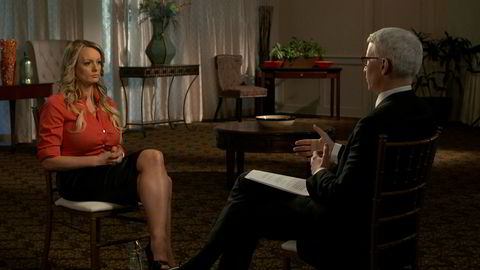 Stormy Daniels, an adult film star and director whose real name is Stephanie Clifford is interviewed by Anderson Cooper of CBS News' 60 Minutes program in early March 2018, in a still image from video provided March 25, 2018. CBSNews/60 MINUTES/Handout via REUTERS. ATTENTION EDITOR - THIS IMAGE WAS TAKEN BY A THIRD PARTY. NO ARCHIVES, NO RESALES, MANDATORY CREDIT.