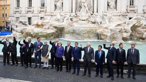 Lederne av G20 var samlet i Roma denne helgen, her ved Trevi-fontenen. Søndag reiser de videre til et klimatoppmøte i Glasgow.