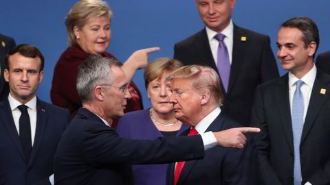 Natos generalsekretær Jens Stoltenberg og USAs president Donald Trump foran statsledere samlet til Nato-toppmøte i England i desember 2019.