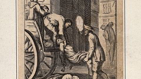 Ofre for pesten i London i 1665 løftes her opp på en likvogn.