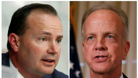 De republikanske senatorene Mike Lee (til venstre) og  Jerry Moran sier nei til revidert helsereform.