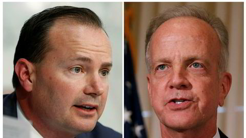 De republikanske senatorene Mike Lee (til venstre) og  Jerry Moran sier nei til revidert helsereform.