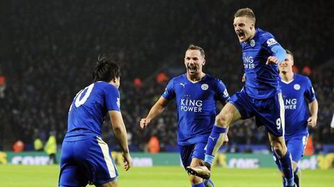 Skandalemestrene. Leicester City er urokråkene som nådde toppen av Premier League. Her jubler lagets toppscorer, den mishandlingsdømte landslagsspissen Jamie Vardy, med lagkameratene Shinji Okazaki (fra venstre), Danny Drinkwater og Robert Huth.