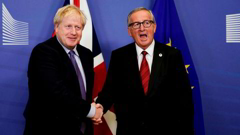 Britenes statsminister Boris Johnson og Europakommisjonens president Jean-Claude Juncker på pressekonferansen i Brussel torsdag ettermiddag.