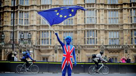 En EU-tilhenger demonstrerte utenfor parlamentet i London 29. mars – nøyaktig ett år før britene skal være ute av EU.