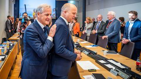 Statsminister Jonas Gahr Støre (Ap) og finansminister Trygve Slagsvold Vedum (Sp).