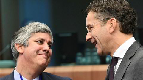 Portugals finansminister Mario Centeno (til v.) overtar som leder for Eurogruppen etter Jeroen Dijsselbloem fra Nederland.