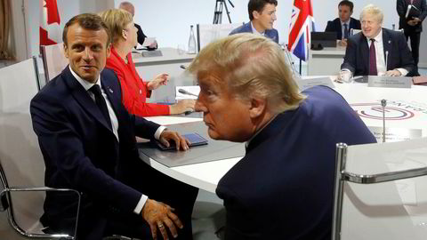 USAs president Donald Trump (i midten) møtte statsledere fra syv av verdens største økonomier i helgen. Til venstre Frankrikes president Emmanuel Macron, bak ham (i rødt) Tysklands forbundskansler Angela Merkel, Canadas president Justin Trudeau og Storbritannias statsminister Boris Johnson (bak til høyre).