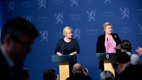 Statsminister Erna Solberg (H) og finansminister Siv Jensen (Frp) opplever begge tilbakegang. Foto: