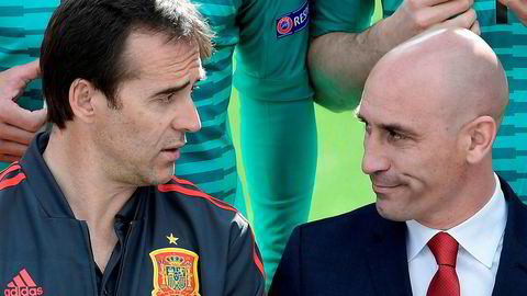 Da det spanske fotballandslaget skulle ta det offisielle lagbildet i forkant av VM var landslagssjef Julen Loptegui, til venstre, og fotballpresident Luis Manuel Rubiales fortsatt venner. En uke etterpå meldte Real Madrid at Loptegui ville ta over som manager fra høsten av. Rubiales gikk i taket og sparket Loptegui, bare to dager før Spanias første VM-kamp mot Portugal.