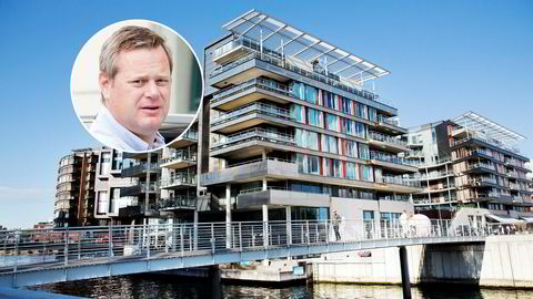 Strandpromenaden 5 på Tjuvholmen nær Oslo sentrum. Krafttrader Einar Aas' (innfelt) tidligere leiligheten dekker hele toppetasjen, og fire terrasser inkludert takterrassen.