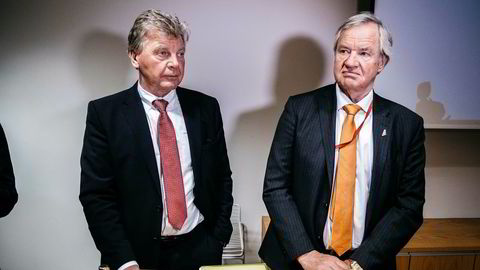 Sparebank 1 Markets tror Norwegians styreleder, Bjørn H. Kise og toppsjef Bjørn Kjos (til høyre), vil foretrekke å selge Norwegian eller å la en partner kjøpe seg inn i ordreboken fremfor å pantsette flere bankaksjer i en eventuell emisjon.