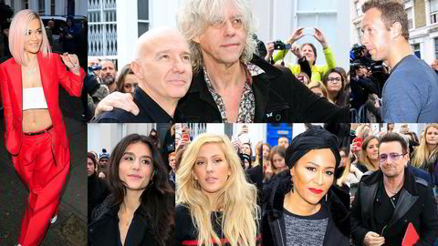 Band Aid 2014. Fra venstre etter klokken: Rita Ora, Midge Ure, Sir Bobo Geldof,Chris Martin, Jessie Ware, Ellie Goulding, Emeli Sande og Bono. Alle foto: John Phillips/Getty Images