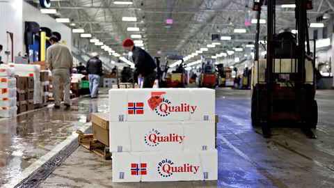 Volumet av norsk sjømateksport falt med 8 prosent i november. Likevel økte eksportverdien økte med 11 prosent. Her fra New Fulton Fish Market i Bronx.
