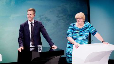 Under Arendalsuka gikk KrF-leder Knut Arild Hareide inn for at Norge skal ta imot flere kvoteflyktninger. Dermed er høstens politiske flyktningbasar åpnet. Her er Hareide sammen med Venstre-leder Trine Skei Grande. Foto: Terje Bendiksby/