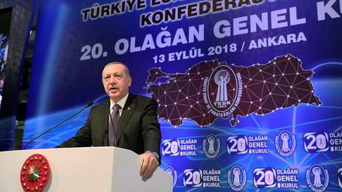 Tyrkias president Recep Tayyip Erdogan under en tale i Ankara onsdag der han gikk sterkt imot å heve rentene.
