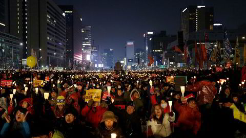 Fra demonstrasjonene i Seoul lørdag.