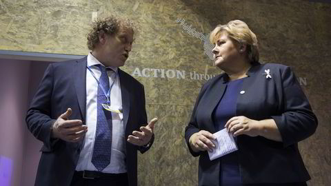 VISSTE IKKE. Bellona-leder Frederic Hauge (t.v). Her med statsminister Erna Solberg under FNs klimakonferanse i Paris ifjor. Foto: