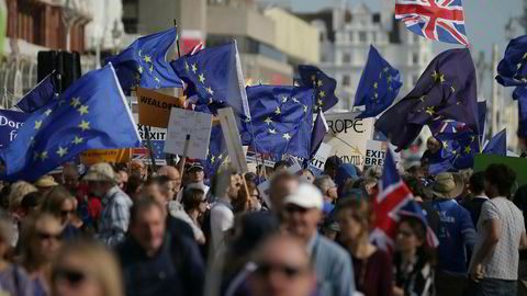 29. mars 2019 er britene formelt ute av EU, men i praksis gjelder utmeldingen fra 1. januar 2021. Her fra en demonstrasjon i fjor med EU-tilhengere fra kystbyen Brighton i England.