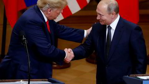 USAs president Donald Trump og den russiske presidenten Vladimir Putin under møtet i Helsinki i Finland i juli.