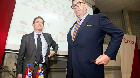 Orklas styreleder Stein Erik Hagen (t.h.) og Orkla-sjef Peter Ruzicka
