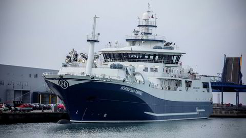 Slakteskipet Norwegian Gannet til kai ved mottaksanlegget i Hirtshals.