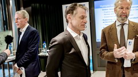 Schibsteds finansdirektør Trond Berger flankert av konsernsjef Rolv Erik Ryssdal (til venstre) og styreleder Ole Jacob Sunde (til høyre) etter en resultatpresentasjon i februar 2018.