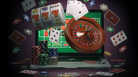 Online casino concept. Laptop with roulette, slot machine, casino chips and playing cards isolated on black background. 3d illustration ---