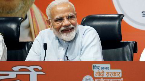 Narendra Modi, India's prime minister, reacts during a news conference at the Bharatiya Janata Party (BJP) headquarters in New Delhi, India, on Friday, May 17, 2019. Modi held what was supposed to be a press conference on Friday, his first in India after five years in power. Photographer: T. Narayan/Bloomberg ---
