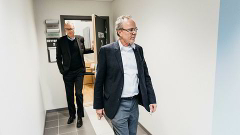 Tidligere finansdirektør i TGS Arne Helland (til høyre) sammen med tidligere Skeie Energy-sjef Christian Albrecht Selmer.
