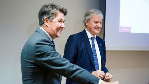 Geir Karlsen (til venstre) som finansdirektør under en tidligere kvartalspresentasjon i Norwegian. Nå blir han Bjørn Kjos' nestsjef.