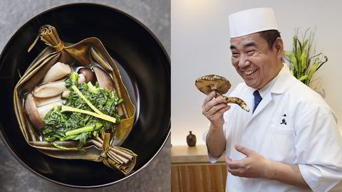 En suppe med vill shimeji-sopp kommer i en båt av kombu – tørket tare (venstre). Kjøkkensjef Hirotaka Koiwa vurderer en matsutakesopp – eller kransmuserong som den heter på norsk (høyre)