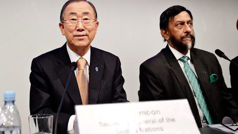 – Vær så snill, sa FNs generalsekretær Ban Ki-moon da han søndag var med på lanseringen av den nye rapporten fra FNs klimapanel. Det er en utfordring for Oljefondet. Foto: Jens Dresling, AP/NTB Scanpix