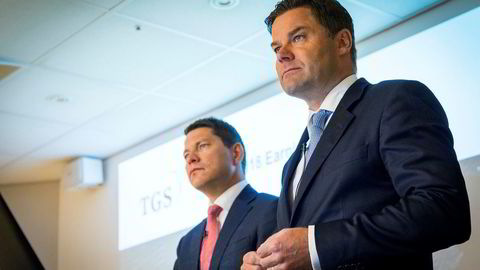 Administrerende direktør Christian Johansen (til høyre) og finansdirektør Sven Børre Larsen under presentasjonen av TGS' resultater for første kvartal tidligere i år.