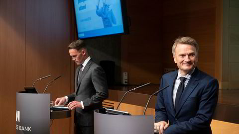 Visesentralbanksjef Egil Matsen (til høyre) og nestleder i Norges Bank Investment Management Trond Grande legger frem resultat for andre kvartal 2019.