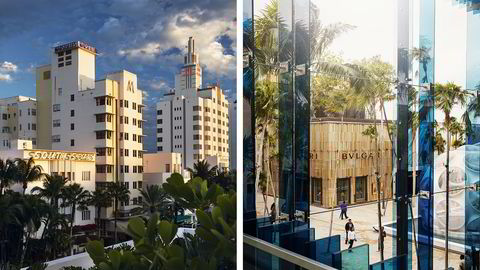 Hotellene langs Collins Avenue (venstre) er blant 800 art deco­bygninger på Miami Beach. I Design District (høyre) ligger luksusbutikkene på rekke og rad – alle med sin distinkte arkitektur som følger merkevaren. Kunstverket «Fly’s Eye Dome» ble designet av Buckminster Fuller i 1965