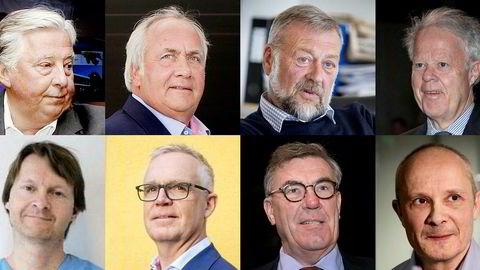 Et kobbel av finansinvestorer har gått på smertelige papirtap i Komplett Bank den siste uken. Fra venstre: Erik Bøhler, Torstein Tvenge, Bjarne Skeie, Jan Petter Collier, Ole Morten Halvorsen, Raimond Pettersen, Stein Erik Hagen og Kjetil Holta.