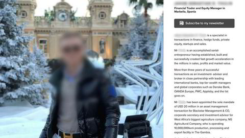Finanstrader og kapitalforvalter i Marbella, Spania – slik fremstiller 19-åringen seg på sin egen nettside. Den ble lagt frem som bevis under erstatningssaken i Fredrikstad tingrett i april.