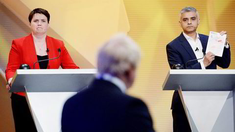 Leder Ruth Davidson for det skotske konservative partiet og nyvalgt London-ordfører Sadiq Khan gjorde seg bemerket under den store EU-debatten på Wembley tirsdag. Foto: Stefan Rousseau/Reuters/NTB Scanpix
