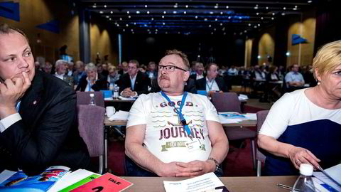 Dette bildet, som DN trykket fra Frp-landsmøtet i 2015, gjorde partinestleder Per Sandbergs t-skjorte landskjent.