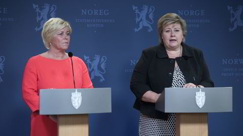 Statsminister Erna Solberg og finansminister Siv Jensen holder pressekonferanse fredag.
                  Foto: Per Ståle Bugjerde