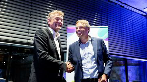 Telia Norge-topp Abraham Foss (t.h.) feirer oppkjøpet av Get, der Gunnar Evensen er sjef, i sommer.