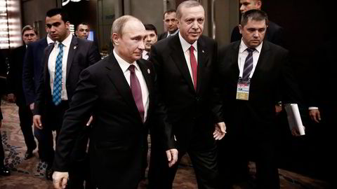 Russlands president Vladimir Putin (til venstre) og Tyrkias president Recep Tayyip Erdogan. Foto: Anadolu Agency/AP/NTB Scanpix