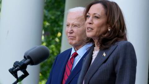 USAs president Joe Biden (t.v.) ønsker at visepresident Kamala Harris skal overta stafettpinnen som Demokratenes kandidat.