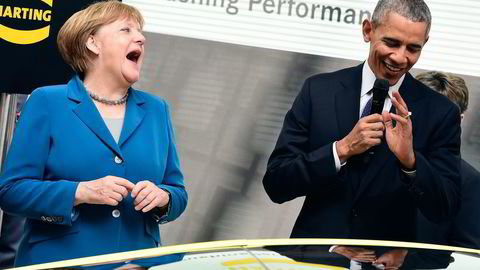 USAs president Barack Obama og Tysklands forbundskansler Angela Merkel fant tonen under forrige ukes toppmøte i tyske Hannover. Ikke sikkert de ler like høyt hvis det offentliggjøres lekkede dokumenter fra forhandlingene om en frihandelsavtale mellom EU og USA. Foto: Tobias Schwarz/AP/NTB Scanpix