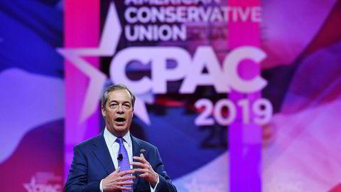 Nigel Farage, brexit-forkjemper og tidligere leder av UK Independence Party, på konferansen Conservative Political Action Conference (CPAC) i National Harbor i Maryland tidligere denne måneden.