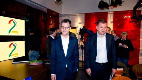 Steffen Kragh (til venstre) og Hans Jacob Carstensen tjener godt på å styre butikken i Egmont, TV 2s eierselskap. Foto: Marit Hommedal,