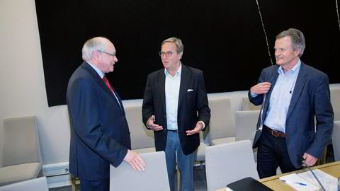 27. mai møtte tidligere styreleder i Telenor Svein Aaser (til høyre) og tidligere konsernsjef Jon Fredrik Baksaas til høring hos Martin Kolberg (Ap) på Stortinget om selskapets håndtering i Vimpelcom-saken. Foto: